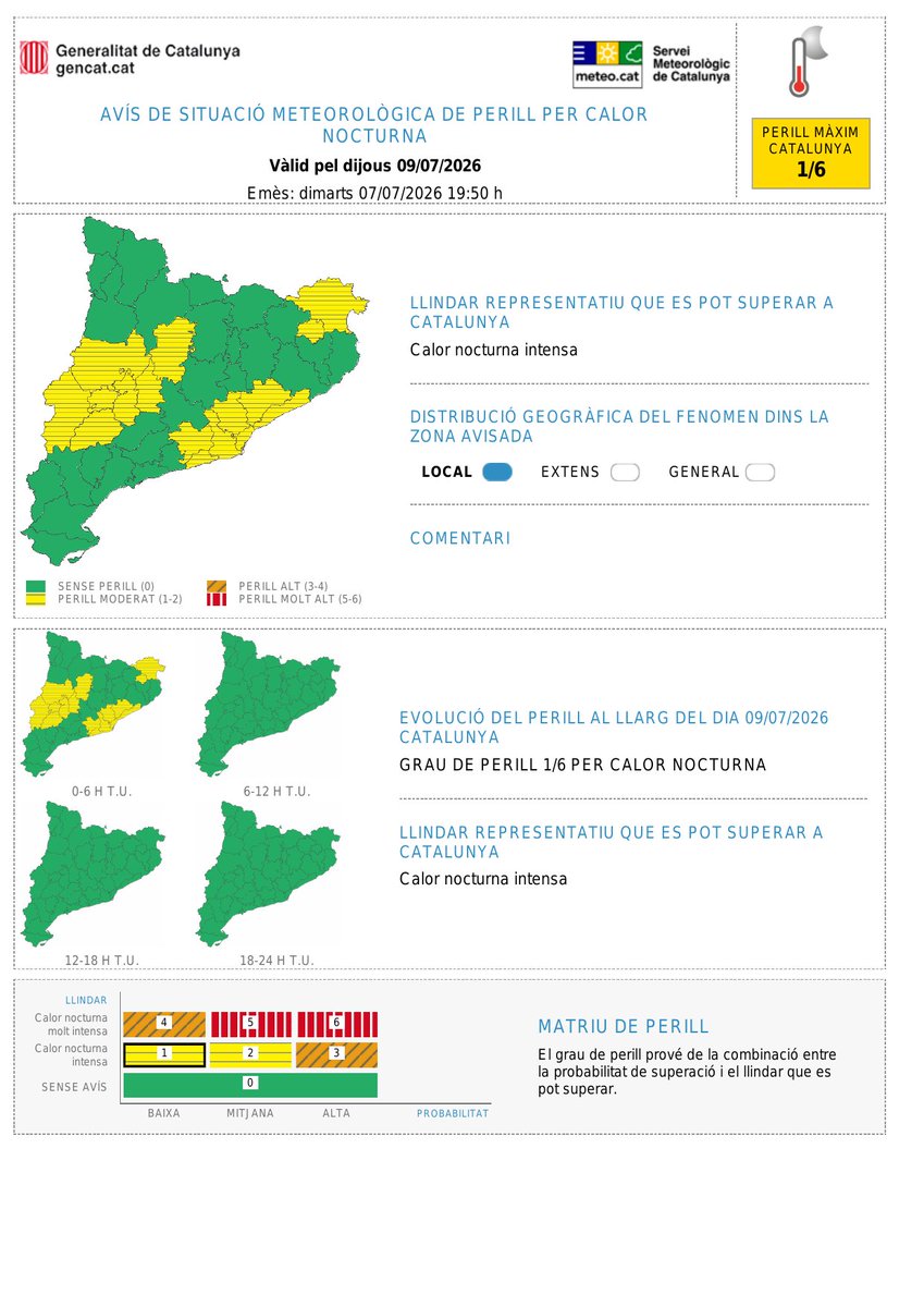 meteocat's tweet photo. ⚠️ El Servei Meteorològic de Catalunya actualitza l'avís de situació meteorològica de perill (#avisosSMP) per calor nocturna ⚠️

🗓️ Dimecres i dijous de 02:00 - 08:00 h
🌡 Llindar: calor nocturna intensa
➡️ Grau de perill màxim: 1/6 🟡

Hora local (h) = TU + 2 https://t.co/xOCZ700Q7e