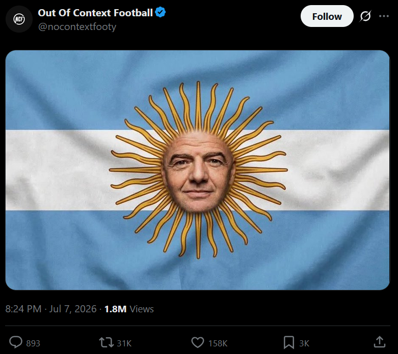 RT_com's tweet photo. Infantino–Argentina flag image credit: Out Of Context Football https://t.co/zkD2rsTim3