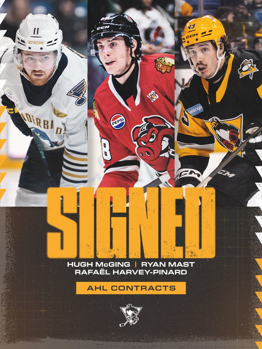 WBSPenguins's tweet photo. 𝗛𝗣 𝗜𝗦 𝗕𝗔𝗖𝗞!!!
And he's got two new friends coming with him...

The Penguins have signed Hugh McGing, Ryan Mast and Rafaël Harvey-Pinard for the 2026-27 season.
https://t.co/m0KU1vF3oo https://t.co/TgYTt1zERr