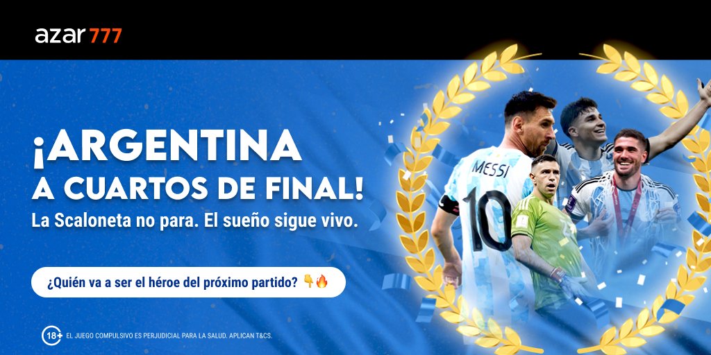 azar777_'s tweet photo. SEGUIMOS CON VIDA 🇦🇷🔥

Está selección NUNCA baja los brazos, listos en cuartos y a esperar a Colombia o Suiza ⚡️🏆

#azar777 #argentina https://t.co/BbiNvDVRNO