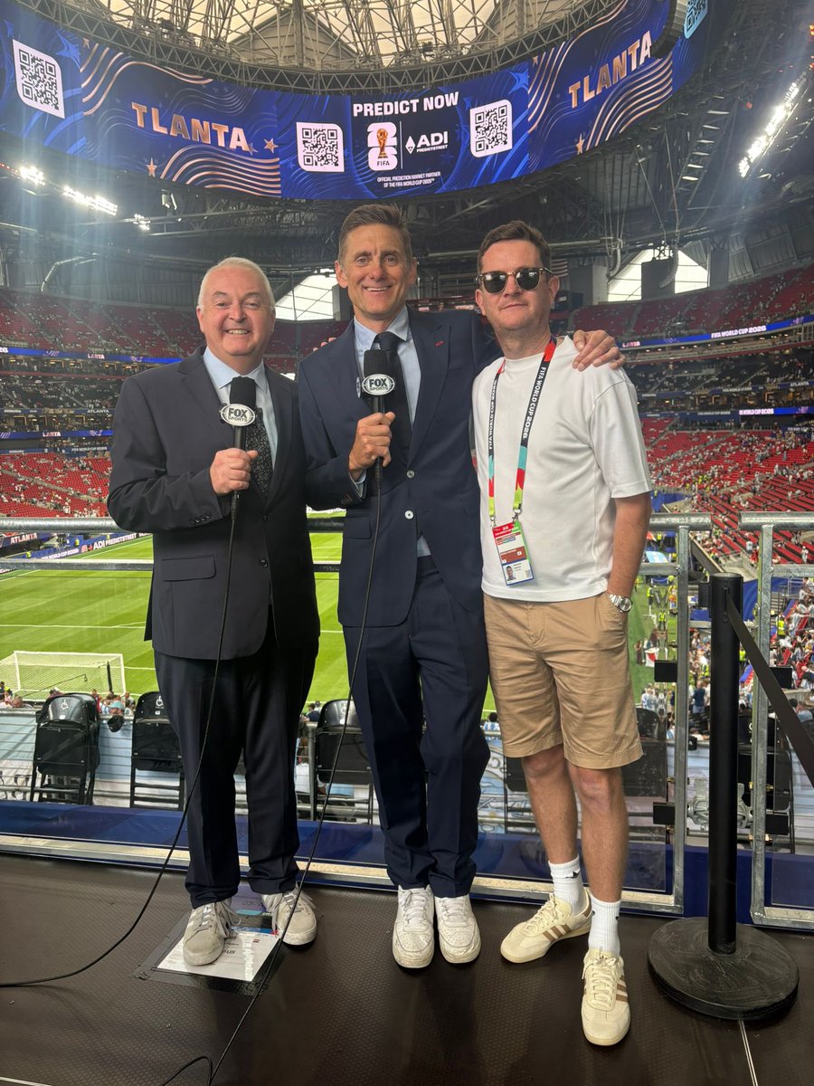 RaeComm's tweet photo. What a fabulous way to go out here in Atlanta with a classic on @FOXSoccer 
Thanks to co-comm Rob Green for his spot on analysis throughout &amp; Martin Keegan (pictured) &amp; Andy Quinn on production.
Lucky enough to have been involved professionally in every World Cup since 1990. 🙏 https://t.co/bWS6YzeFXA