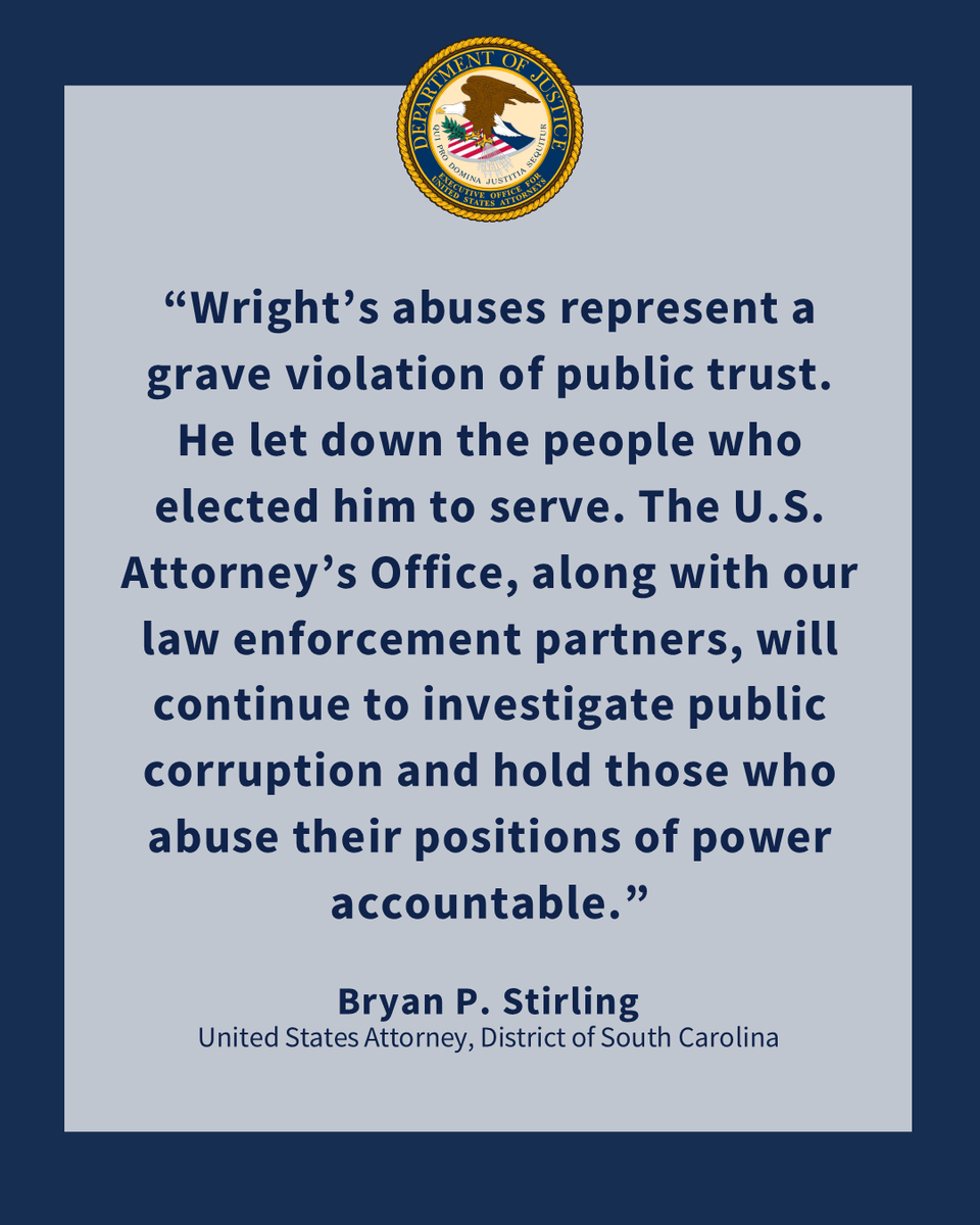 USAO_SC's tweet photo. Charles Wright, 61, of Wellford, the former sheriff of Spartanburg County, has been sentenced to more than three years in federal prison for conspiracy to commit theft concerning programs receiving federal funds, conspiracy to commit wire fraud, and obtaining controlled substances by misrepresentation.

@FBIColumbia and SLED investigated.

🔗 https://t.co/7Om1ortjnZ