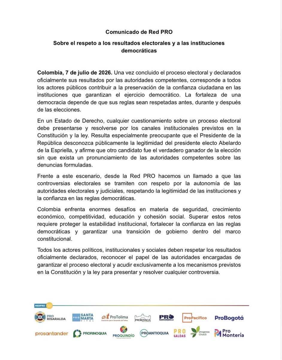 ProPacificoOrg's tweet photo. #Comunicado | Desde la #RedPRO hacemos un llamado a respetar las reglas de la democracia y a proteger la confianza en las instituciones. Toda controversia electoral debe resolverse por los mecanismos previstos en la Constitución y la ley, garantizando el respeto por la autonomía de las autoridades electorales y la voluntad expresada en las urnas.