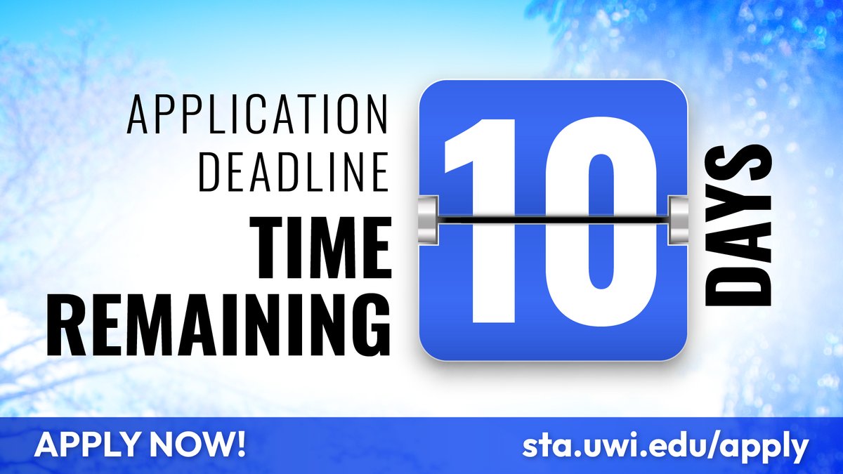 UWI_StAugustine's tweet photo. 10 days left to apply.  Don't miss your next step.⏳ 

Your application to the UWI St. Augustine is your chance to choose the programme, campus experience and future you want to start building. ✨

📌 Deadline: July 17, 2026
🔗  https://t.co/6egHMDiAis

#UWISTA #PossibleIsNow https://t.co/L1MEXVWKbt