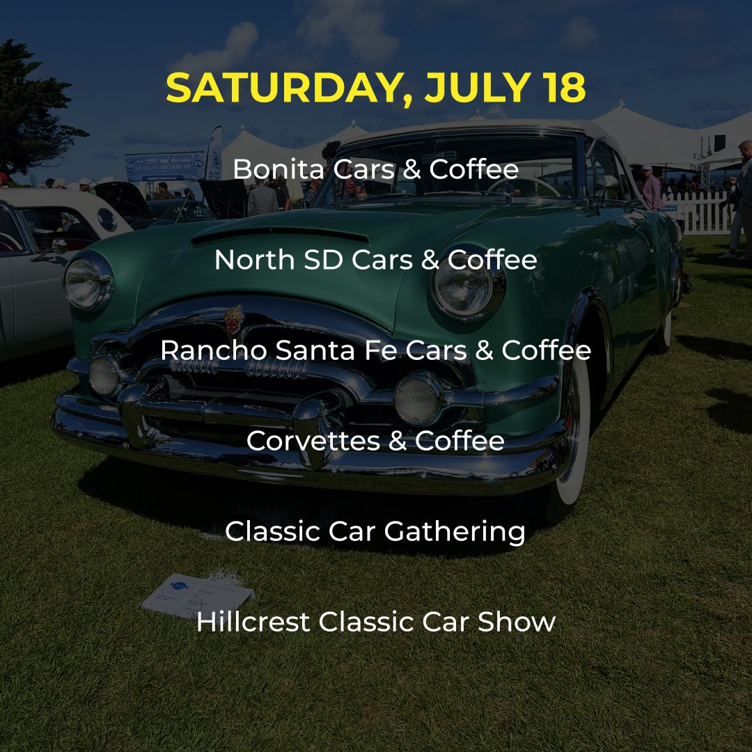 SDAutoMuseum's tweet photo. This weekend is full of automotive events around San Diego!

Saturday, July 18

• Bonita Cars & Coffee
• North SD Cars & Coffee
• Rancho Santa Fe Cars & Coffee
• Corvettes & Coffee
• Classic Car Gathering
• Hillcrest Classic Car Show

Sunday, July 19

• San Diego Automotive Museum Cars & Coffee
• La Mesa Cars & Coffee
• Sunday Funday Cars & Coffee
• Escondido Cars & Coffee
• Key Club of San Diego Cars and Coffee
• San Diego Air Cooled (East County Chapter)

Comment any events we’ve missed!

Check out the full calendar and start planning your weekend route: https://t.co/T4gpFK1MnI

#SanDiegoAutomotiveMuseum #SanDiegoCars #CarsAndCoffee #CarCulture #CarMeet #ClassicCars #Supercars #BalboaPark