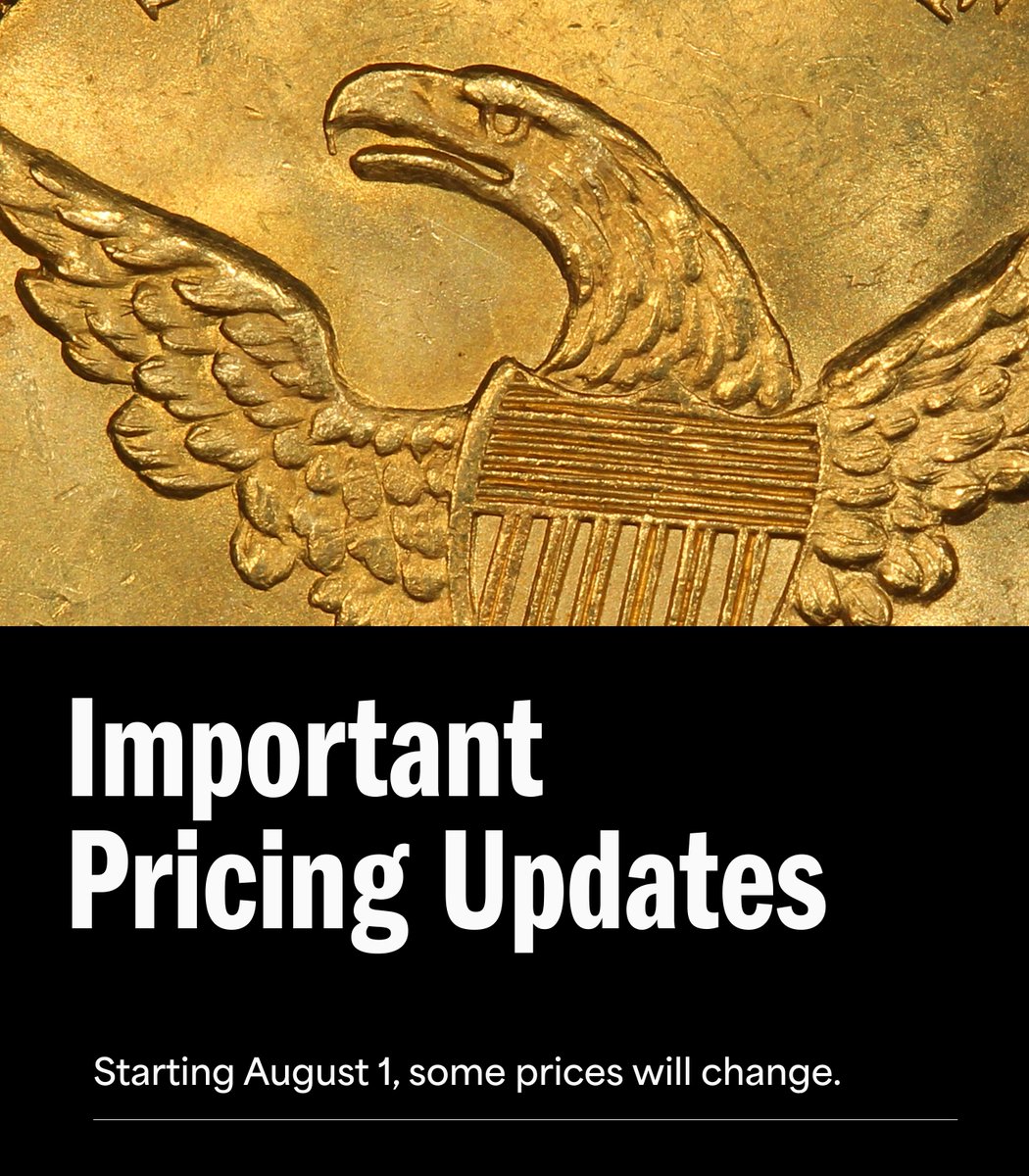 PCGScoin's tweet photo. Starting August 1, prices will change for some PCGS coin and banknote services.

Coin service updates: https://t.co/6MKegxDxj1
Banknote service updates: https://t.co/BVCLBG6Iy1 https://t.co/mB3IgMAbv4