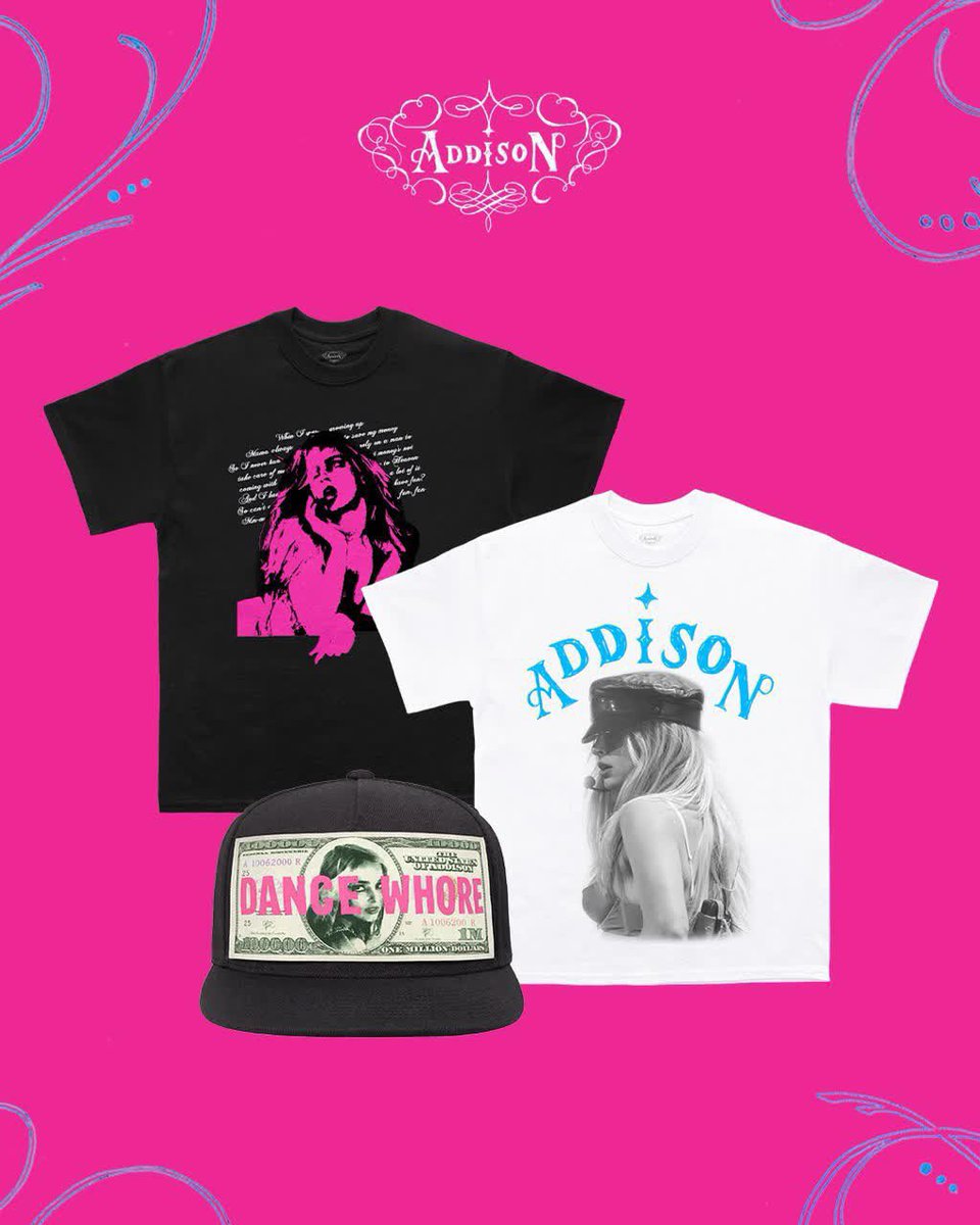 AddisonChart's tweet photo. Addison has released merch in honor of the “Fame &amp; Glory” shows coming to an end 💕

Including the restock of the ‘Dance Whore’ money hat! 💸 https://t.co/AoAEAhKbfF