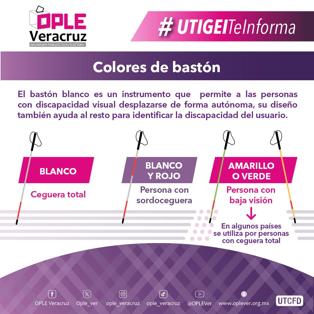 ople_Ver's tweet photo. #UTIGEITeInforma: En nuestra vida democrática, la inclusión es la clave. 🗳️🤝
¿Sabías que el color del bastón de una persona con discapacidad visual tiene un significado? 🦯👨🏻‍🦯

-Blanco: ceguera total.
-Blanco y rojo: sordoceguera.
-Amarillo o verde: baja visión.

Una democracia auténtica es aquella que derriba barreras, respeta la diversidad y garantiza que todas las voces participen en igualdad de condiciones. 🗳️🤝

#DemocraciaInclusiva #Inclusión #CulturaDemocrática👩‍🦯🧑‍🦯