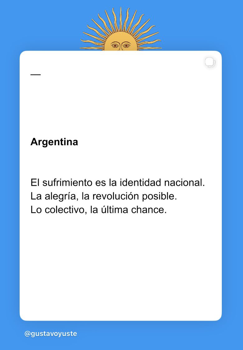 MarianooEsp's tweet photo. ARGENTINA. 🇦🇷❤️
No lo entenderías… ⭐️⭐️⭐️ https://t.co/4y9xaFhrWe