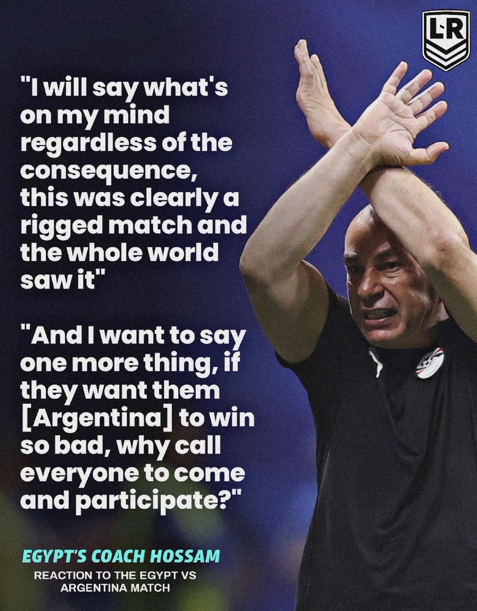 sameralatout's tweet photo. FYI, Egypt's coach, Hossam Hassan, made a hand gesture game with Argentina. The gesture means he is calling out racism. According to FIFA, this is used when one thinks there is racism in the game. And according to FIFA, this should "trigger" a three step process: 

1. Stop: The referee halts the match

2. If the abuse continues, the referee suspends the game, and all players and match officials exit the field of play

3. Abandon: If the discriminatory behavior does not cease, the match is officially abandoned

What did the jerk referee do in response? Rather than listening to Hassan's accusations, he gave him a yellow card--not in FIFA's policy at all.