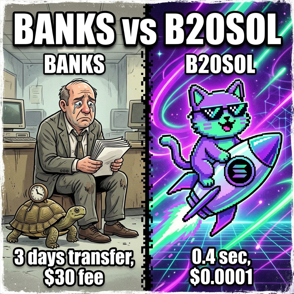 B20SOL's tweet photo. Banks vs B20SOL 

Banks: 3-5 business days. B20SOL: 3-5 seconds. 🚀

#BanksVsCrypto #FastMoney #B20SOL https://t.co/loNPPTwcyB