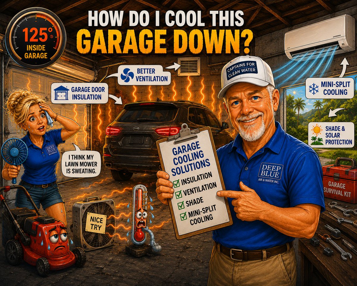 DeepBlueAirInc's tweet photo. Why does your garage feel like the surface of the sun?
In SWFL, your garage is basically a giant toaster oven with a garage door. Blazing sun, hot concrete, poor insulation, &amp; trapped heat, it's not unusual for garages to hit 120–125° even when it's "only" 95° outside. https://t.co/AmbAKMbxm2