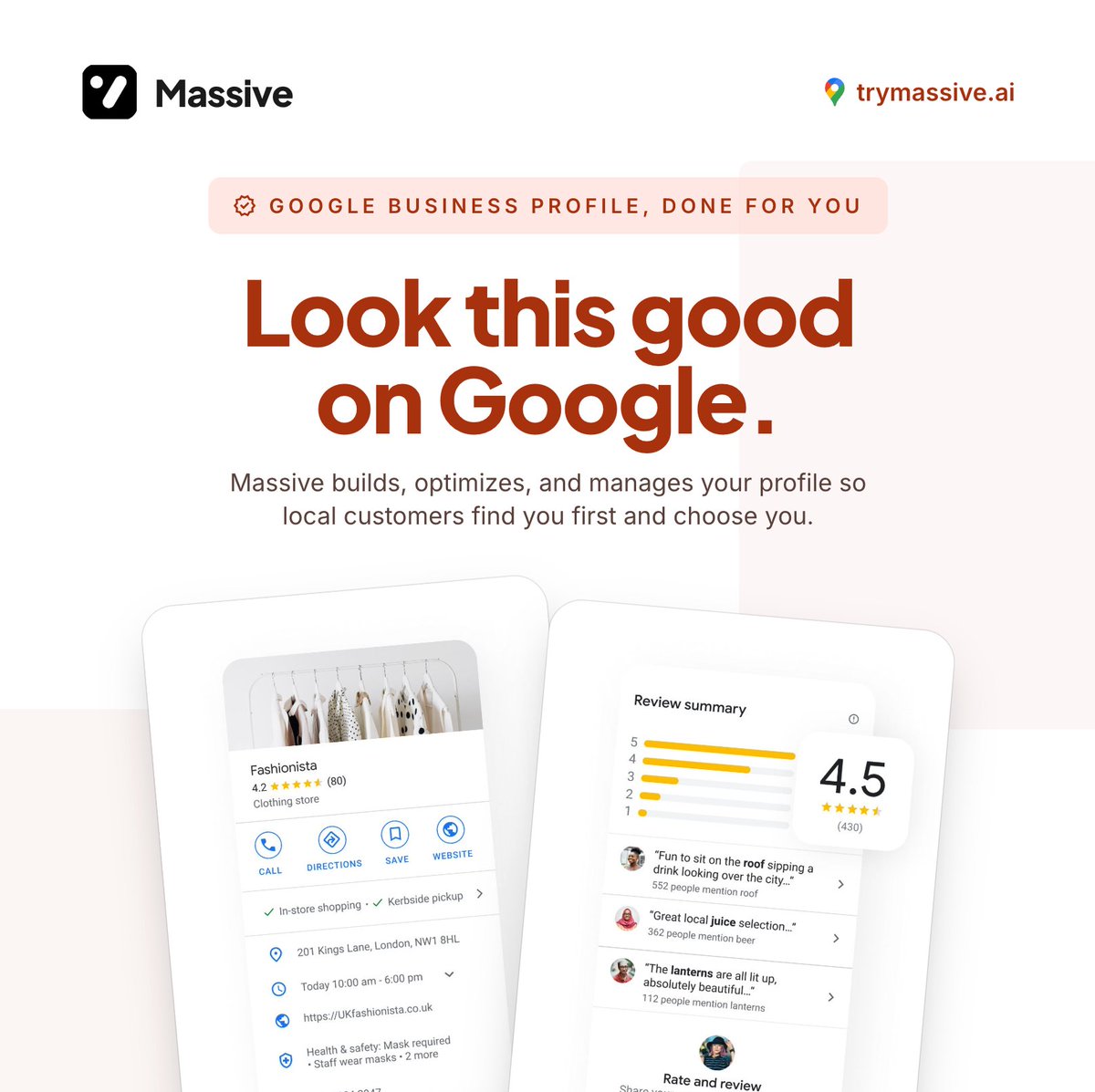massivebrains00's tweet photo. Stop losing local customers to competitors on Google Maps. 

Massive is your done-for-you Google Business Profile team: we help you rank top 3 on Google.

Search. Maps. AI. 📍