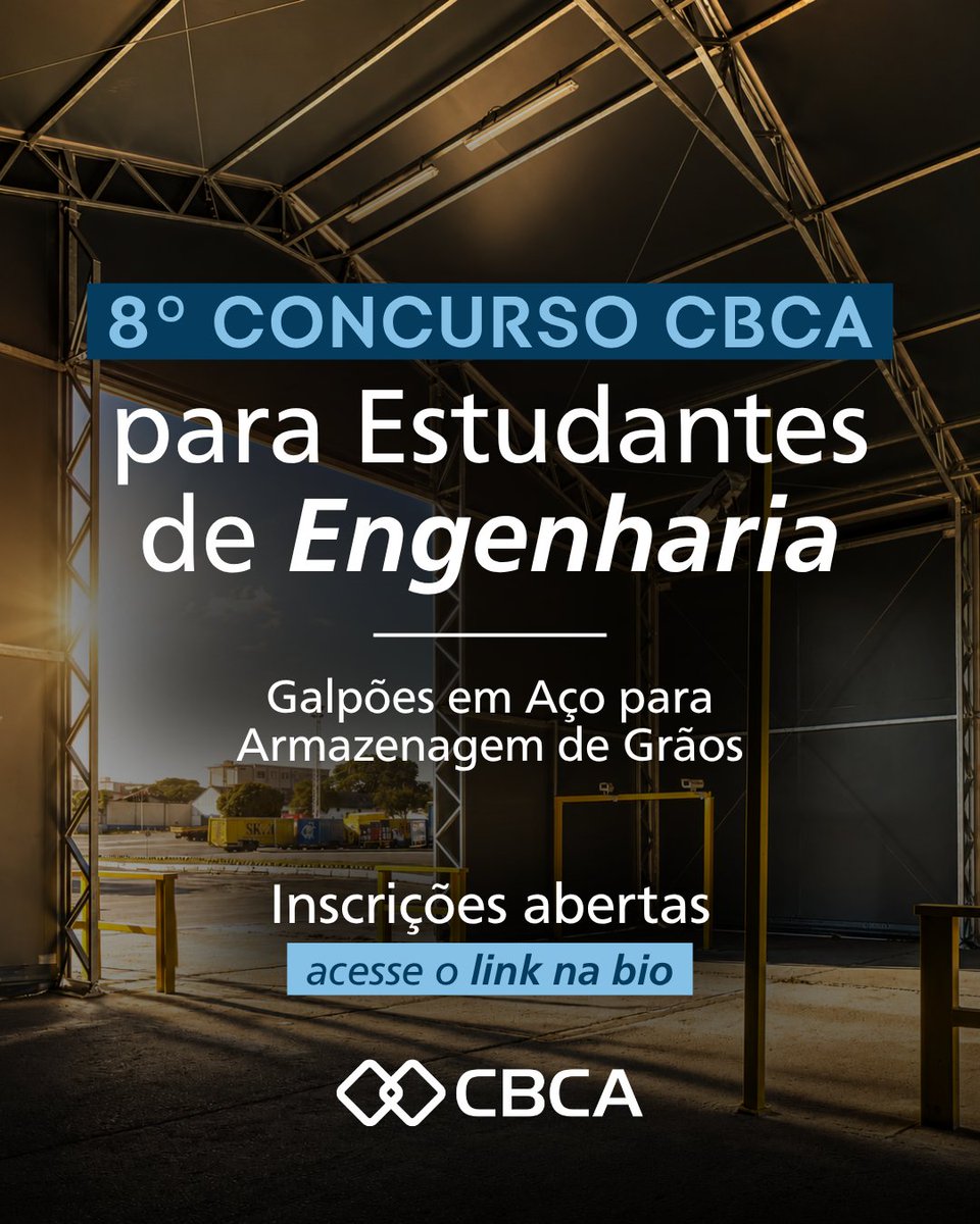 cbca_acobrasil's tweet photo. Inscrições abertas para o 8º Concurso CBCA para Estudantes de Engenharia.

Tema: Galpões em Aço para Armazenamento de Grãos.

1º lugar: R$ 10 mil + kits Mola, cursos, eventos e materiais técnicos do CBCA.

Inscreva-se: [https://t.co/NozLBSU4aC](https://t.co/NozLBSU4aC) https://t.co/RLD1jA6nsk