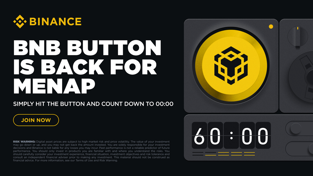 bnbcaptain's tweet photo. #BNBButton is back on Binance.
Hit the Button, Countdown to 00:00 and Win 20 BNB! https://t.co/eFVQFoDRTZ
