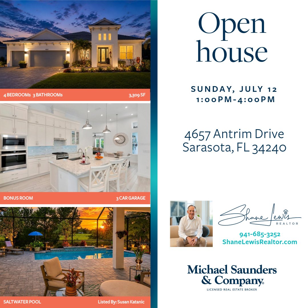 ShaneMLewis's tweet photo. 🏡 Open House Sunday

📍4657 Antrim Dr
🕐 1–4 PM
2021-built home with pool, 3-car garage &amp; peaceful pasture views.

$1,250,000

#SarasotaRealEstate #OpenHouse #ShaneLewisRealtor https://t.co/ueyQMLsZf2