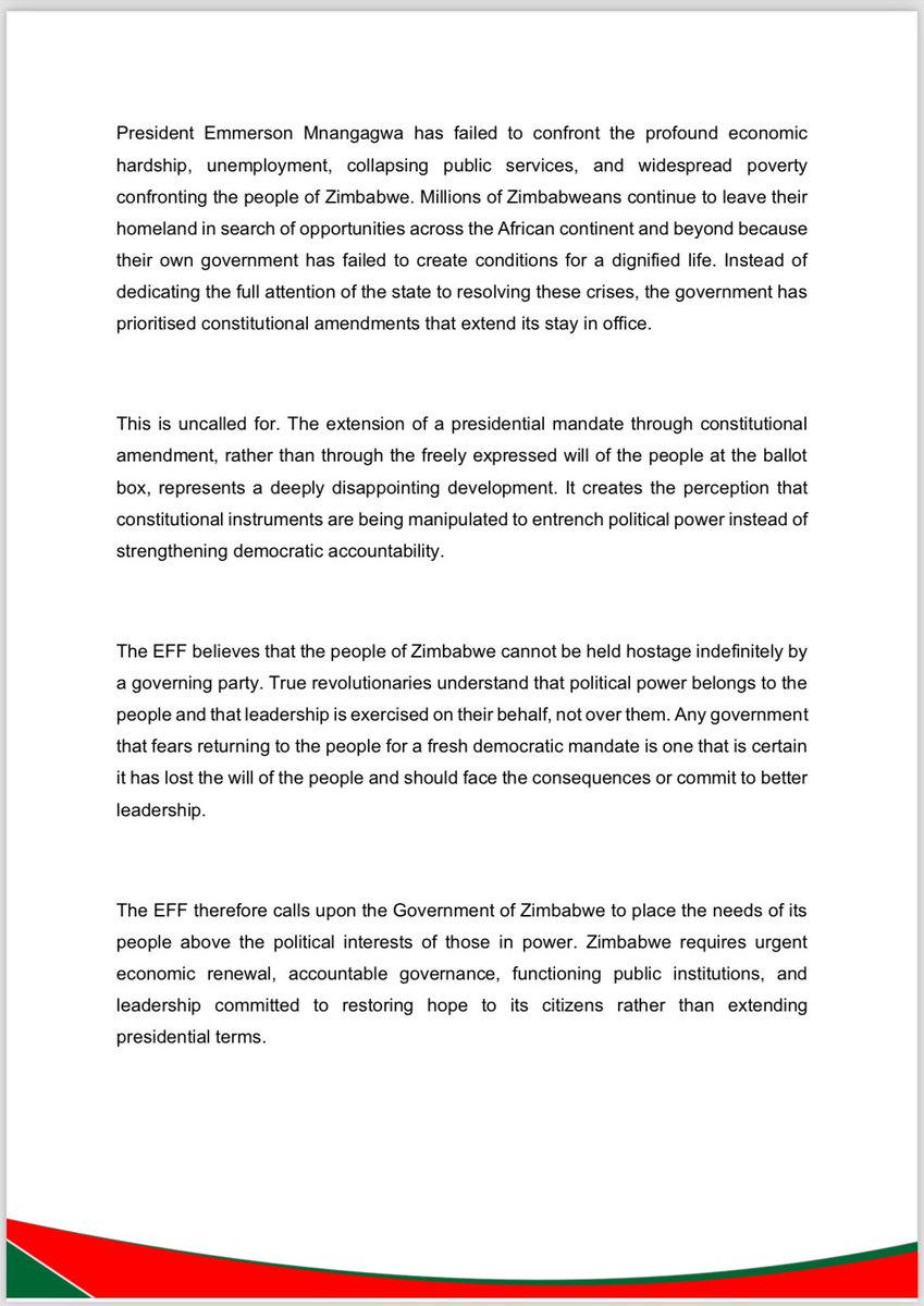 EFFSouthAfrica's tweet photo. EFF statement on the extension of Zimbabwe President Emmerson Mnangagwa's term of office

—The EFF believes that the people of Zimbabwe cannot be held hostage indefinitely by a governing party. True revolutionaries understand that political power belongs to the people and that leadership is exercised on their behalf, not over them. Any government that fears returning to the people for a fresh democratic mandate is one that is certain it has lost the will of the people and should face the consequences or commit to better leadership.
