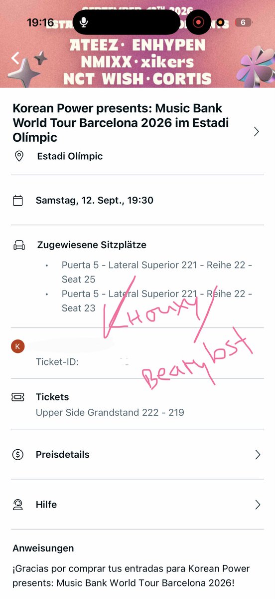 khouxyy's tweet photo. Selling 2x Music Bank Barcelona tickets!!!

🌸 Lateral Superior 221 Row 22 Seat 25
🌸 Lateral Superior 221 Row 22 Seat 23

💞 Selling for original price. 160€ each, I won’t charge fees.
💞 Paypal g&amp;s &amp; Wise &amp; German Bank Transfer
 See all slides!!! https://t.co/5eOT382E8W