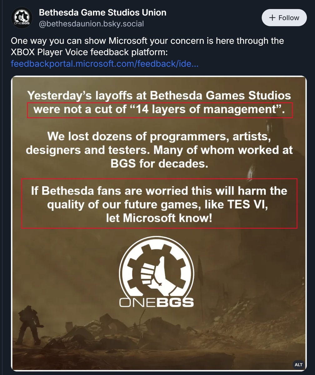JamiesAct's tweet photo. Bethesda Game Studio Union disputes Asha Sharma's framing of the layoffs !!!

It's a clown show internally. 

Isn't it obvious? Or is this still a rumor? 😭🤣 https://t.co/6rfXAs4JXL