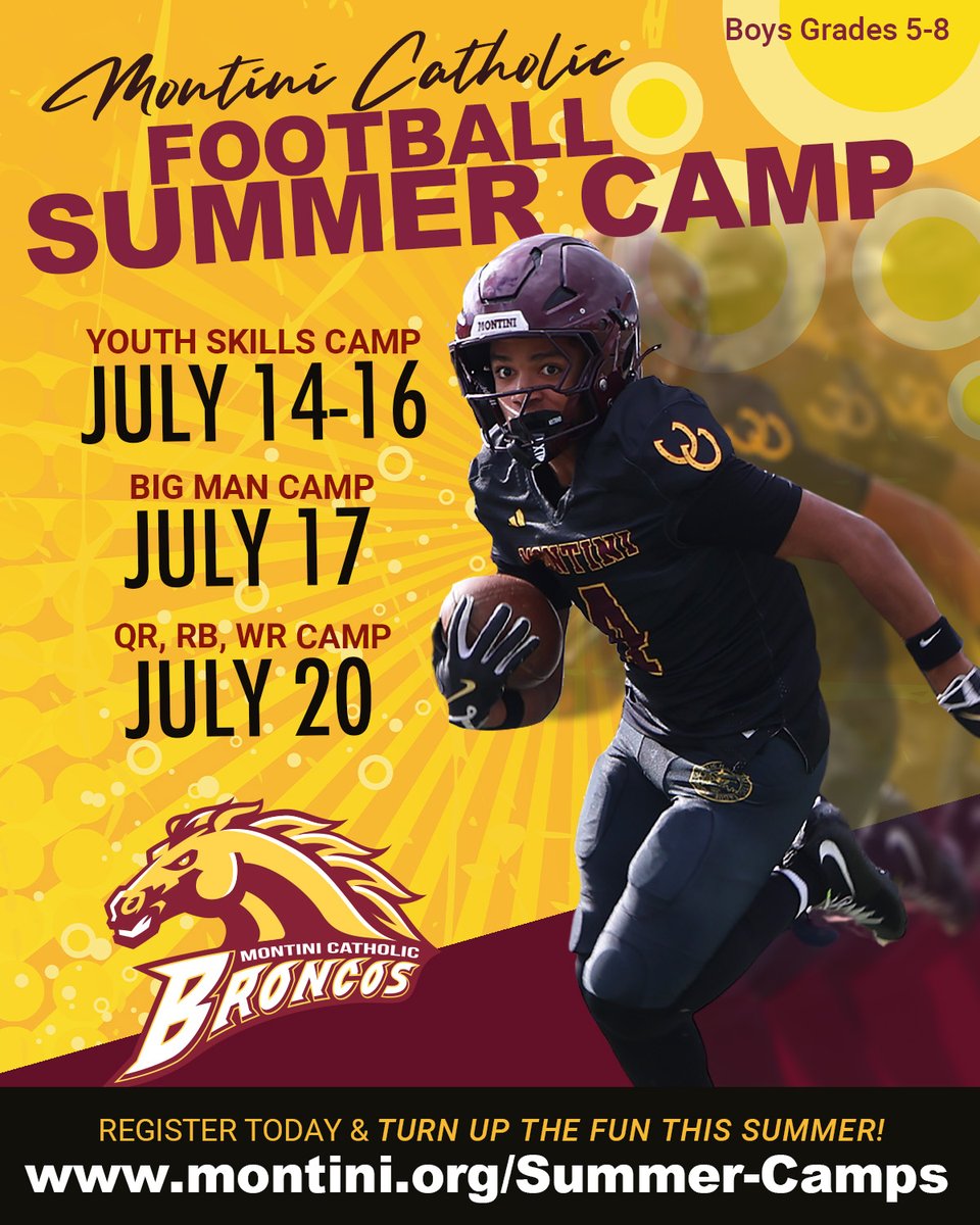 MontiniCatholic's tweet photo. The Montini Broncos are 2X DEFENDING IHSA STATE CHAMPIONS -  train with the coaches who built this championship program!  Join Head Coach Mike Bukovsky and the Bronco coaching staff for an action-packed camp.   STARTS NEXT WEEK: https://t.co/aUPYjqpnMt  @MontiniFootball https://t.co/MFLTKDu1fA