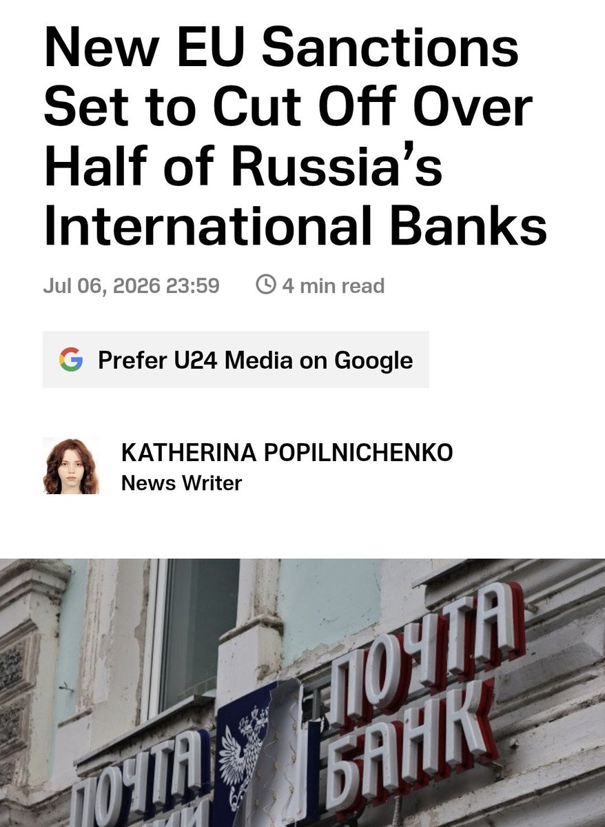 AnnaDeMilanese's tweet photo. 🇪🇺 EU plant im 21. Sanktionspaket fast 90 weitere russische Banken – parallel warnt ein vertraulicher EU-Geheimdienstbericht vor einer explosiven Bankenkrise in Russland.

Damit wären über 100 russische Banken gelistet – mehr als die Hälfte aller international vernetzten Institute des Landes.

Russlands Wirtschaftsministerium senkt die BIP-Prognose: 2026 auf 0,4% (zuvor 1,3%), 2027 auf 1,4% (zuvor 2,8%).

10% der Firmenkredite gelten als zweifelhaft. Bei mehreren Großbanken lag der Anteil fauler Konsumentenkredite 2025 bei 15%.

Über 500.000 Russen meldeten Privatinsolvenz – fast ein Drittel mehr als im Vorjahr. Mehr als 13 Millionen halten gleichzeitig mindestens 3 Kredite, gestützt durch Staatsprogramme.
Bargeld außerhalb der Banken stieg seit Jahresbeginn um 17% auf über 243 Mrd. Dollar.

Der Bericht: Subventionierte Kredite an Rüstungsfirmen und Bauherren verschleiern das wahre Ausmaß der Schwäche. 
Russlands Zentralbank widerspricht: Kapitalpuffer auf 3-Jahres-Hoch, faule Firmenkredite seit 18 Monaten stabil bei 4%.
VTB, Russlands zweitgrößte Bank, erhöht schon vorsorglich ihre Rücklagen. 

Dasselbe Muster wie bei den Raffinerie-Ausfällen und dem Rubel-Absturz: Offizielle Zahlen beruhigen, während die Realität am Boden längst eine andere Sprache spricht.

Quelle: United24