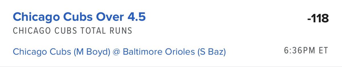SharpSheet21's tweet photo. Daily Free Play: Cubs Team Total Over 4.5

Record 15-7 (68%)

I dare you to try and mush the model 🤖@BookitWithTrent https://t.co/hXnV4fO6CE