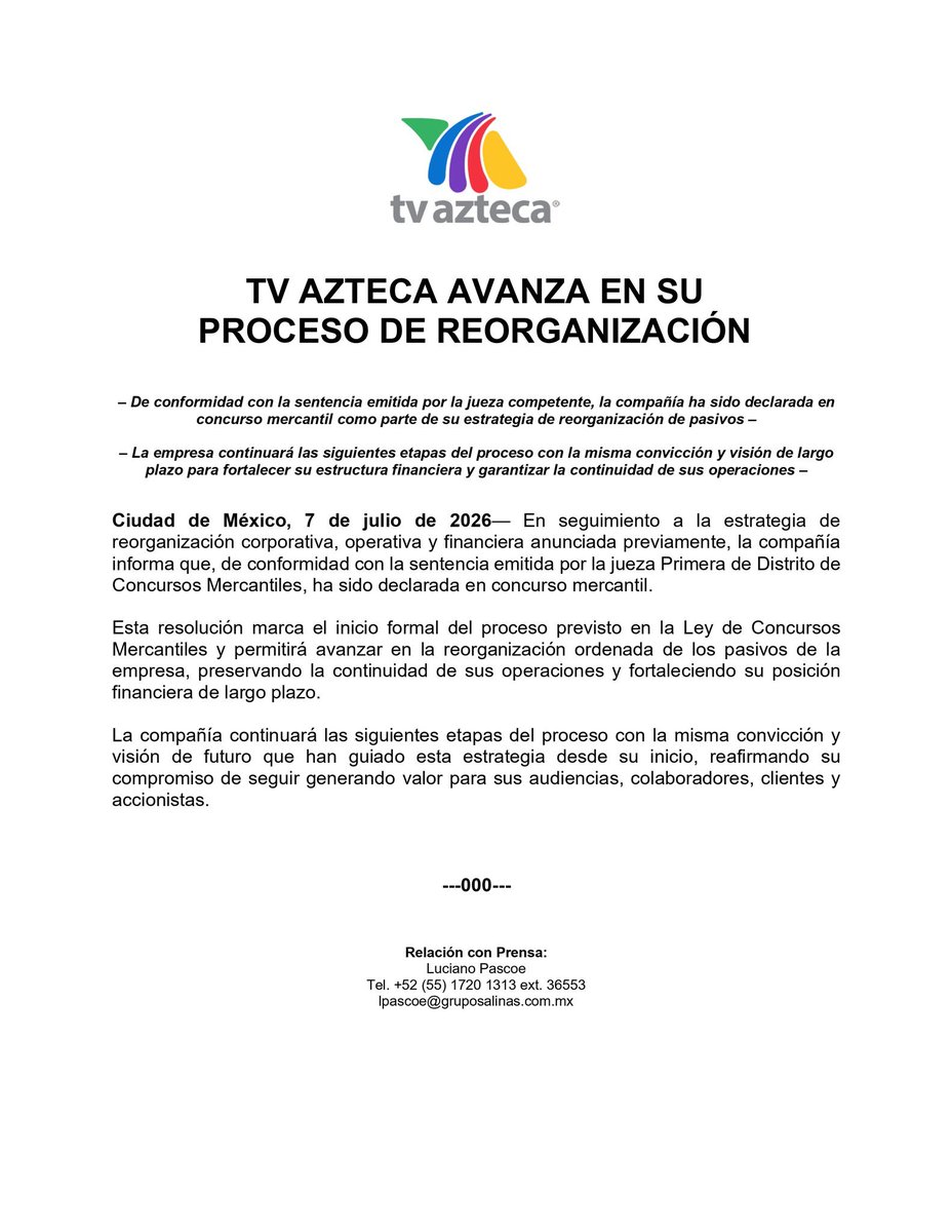 Arouet_V's tweet photo. Tal y como lo solicitó @Azteca, la compañía ha sido declarada en concurso mercantil. Se trata de una buena noticia para la reorganización de sus pasivos y lo que asegure su desempeño. También lo es para quienes trabajan ahí.

Es importante tener eso en cuenta porque las hordas del oficialismo expanden la versión falsa de una quiebra. Tan labora normalmente que sigue ganando los ratings de los partidos del mundial de fútbol a @Televisa para tristeza de su más reciente y entusiasta aplaudidor @jenarovillamil