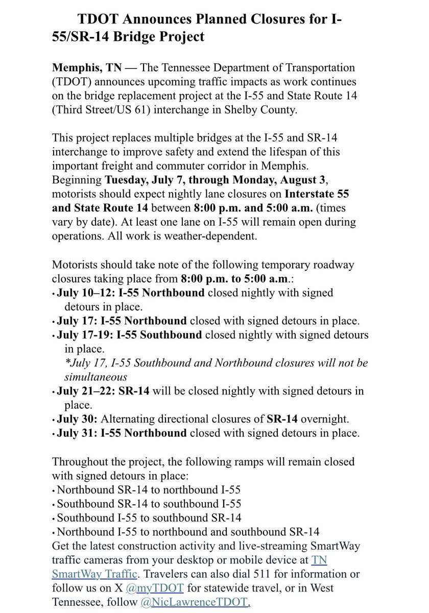 CVentura_WREG3's tweet photo. Full info regarding I-55 &amp; 3rd St (SR 14 / US 61) Starts TONIGHT @ 8 p.m.-Aug 3rd. (weather permitting) https://t.co/IqzsGcXA0I