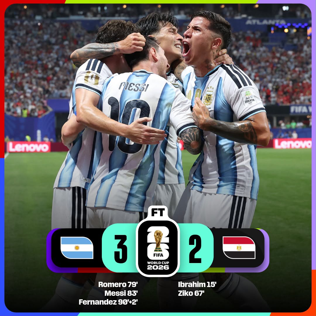 Gonzaa2005's tweet photo. ARGENTINA A CUARTOS DE FINAL

Triunfazo HISTÓRICO sobre Egipto por 3-2.

Otro gol de Messi, para ser el máximo goleador de la Copa del Mundo 2026 https://t.co/fzSq7f5OIF