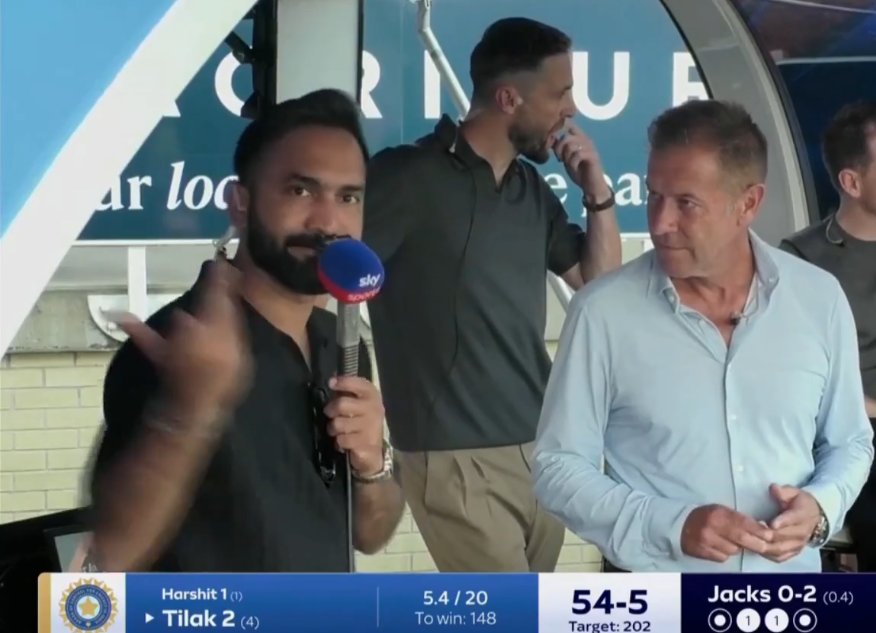 worshipVK's tweet photo. Dinesh Karthik cooked tilak on live TV 🚨

- Tilak was playing slow
- Atherton asked him what would happen on the next ball
- DK told him a boundary is coming
- Atherton said "No way. Tilak is going to take his time"
- The same happened. Tilak played a defensive shot
- DK got embarrassed and pointed towards the camera in anger
- Atherton kinda smirked in arrogance 

Tilak Varma is really embarrassing us on big stage man 🙏