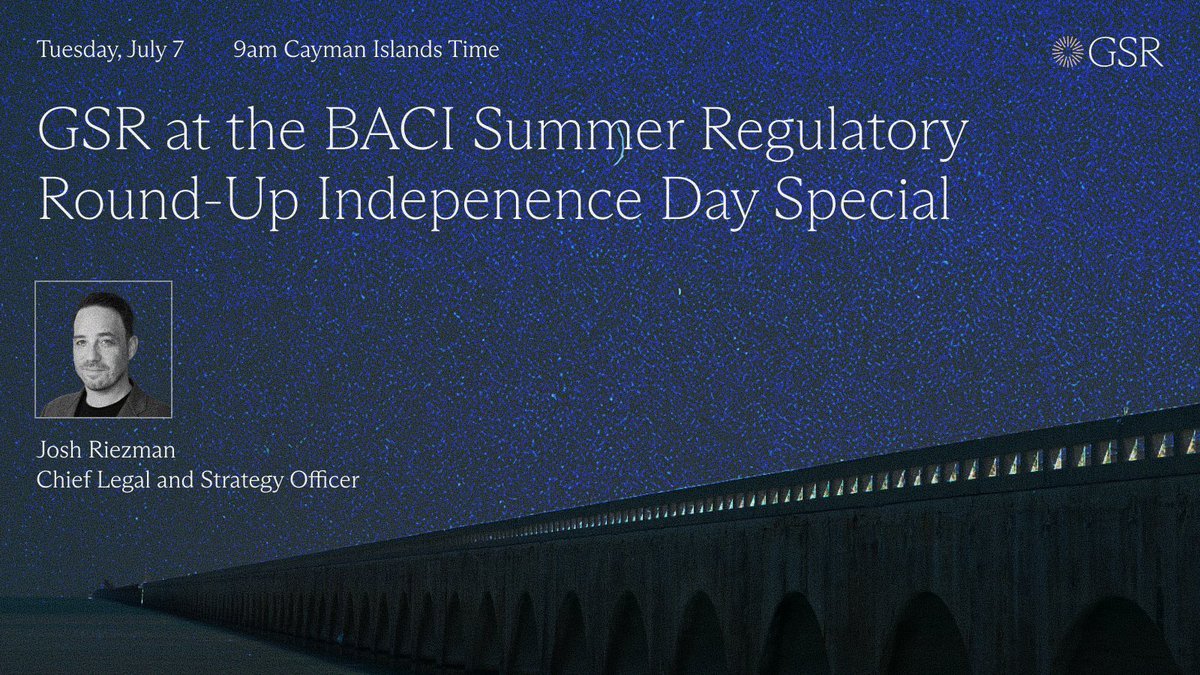 GSR_io's tweet photo. Freedom starts with free markets. 

Our own Chief Legal and Strategy Officer Josh Riezman (@JoshR_GSR) joined an inspirational virtual panel today on the future of digital markets hosted by Blockchain Association of the Cayman Islands (@CIBlockchain).

Thanks for having us. https://t.co/YGrGDMSoUI