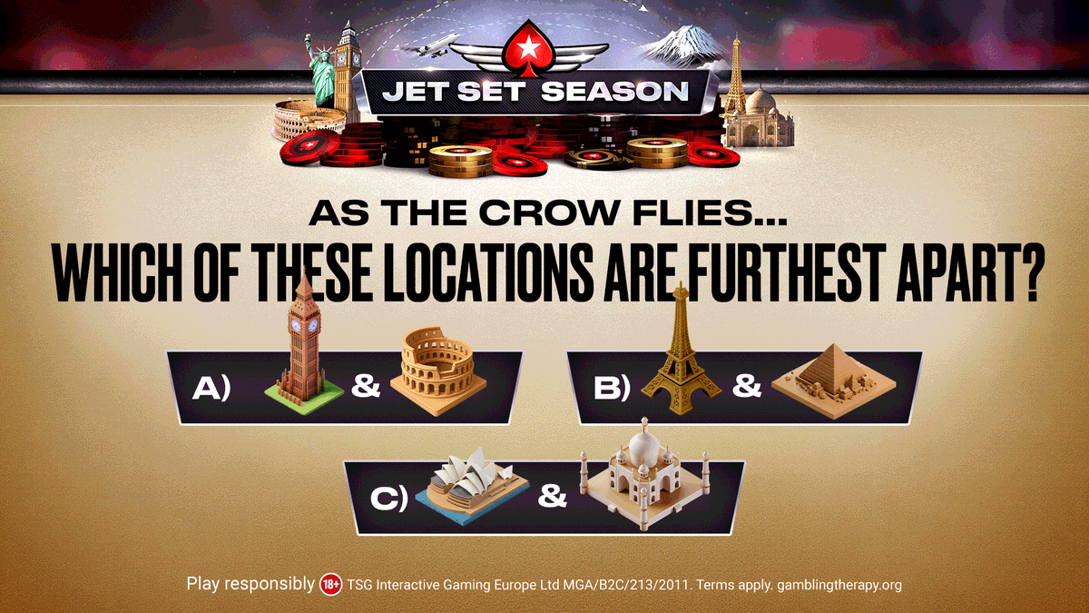 PokerStars's tweet photo. 🎟️ Giveaway 🎟️

With Jet Set Season you can conquer continents, earn air miles and win free Sunday Million Anniversary tickets.

Answer our teaser for the chance to win. 👇

Reply with your answer + [Stars ID] + #JetSetSeason by 18:00 CET, Thu. Twenty $5.50 tickets to be won.  

T&Cs: https://t.co/gaxQbmxw8k