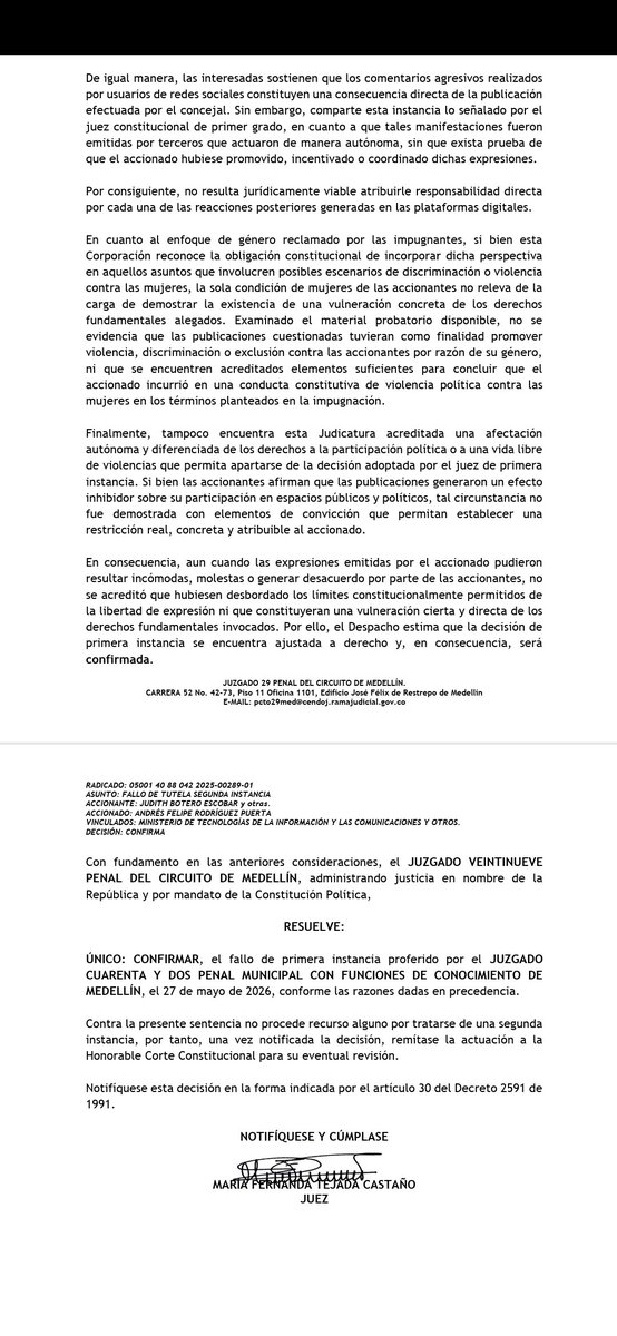 AndresGuryRod's tweet photo. Señores @BluRadioCo,
Señoras @anacrisrestrepo @zuluagacamila
Señora @dorasaldarriaga y demás feministas:

La verdad desconozco el pasado de todas ustedes, tal vez por eso tanta misandria; pero eso no es mi problema, eso es problema de ustedes. De antemano me solidarizo si sufrieron algún tipo de abuso o acoso.

 Entiendo su ideología política pero que eso no les nuble la realidad.
En segunda instancia, el JUZGADO VEINTINUEVE PENAL DEL CIRCUITO  CON FUNCIONES DE CONOCIMIENTO  confirma que jamás fuimos violentos con ninguna, y eso confirma que jamás lo seremos. 
No usen las herramientas jurídicas para hostigar opositores políticos, no nos ataquen sin fundamentos reales, al final, ustedes son las agresivas por las mentiras que dicen de nosotros y lo peor, es que se las creen; nadie les da el derecho de acabar con la honra de los hombres de esa manera, RESPETEN.
