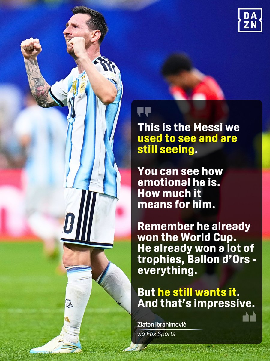 DAZNFootball's tweet photo. Zlatan Ibrahimović on Lionel Messi leading Argentina to a 3-2 comeback in the final 10 minutes vs Egypt 🗣️

#FIFAWorldCup | #WorldCup | #Argentina | #Messi https://t.co/fDhaE8gP9Y