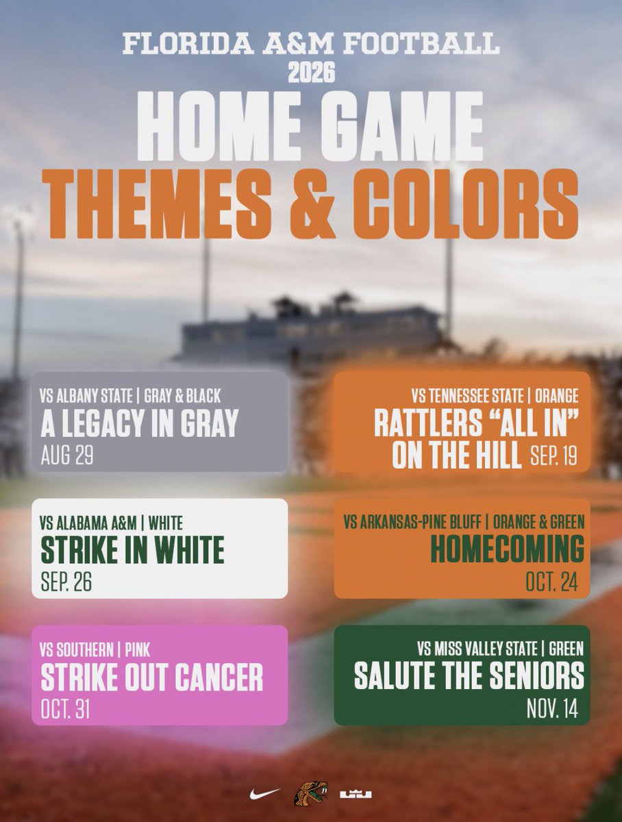 FAMU_FB's tweet photo. The official FAMU Football Season colors and themes have arrived! 

From kickoff to the final whistle, show your Rattler pride in every celebration. Gear up, choose your game day look, and get ready to cheer on the Orange &amp; Green all season long!

#RestoreTheStrike x #ALLIN https://t.co/nkgp0fztW4