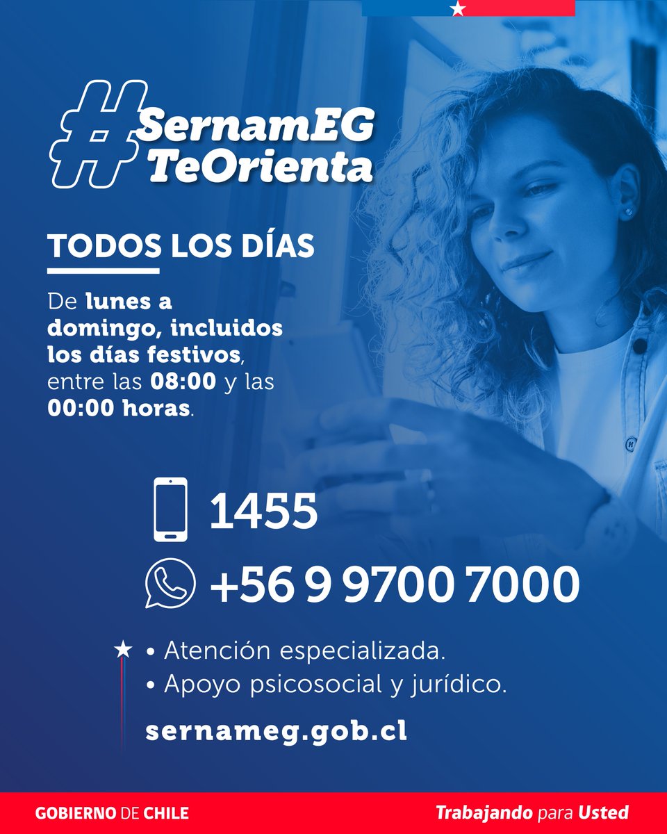 SernamEG_RM's tweet photo. 📲Si eres víctima o testigo de violencia de género te puedes comunicar con nuestro número 👉1455 o al WhatsApp +569 9700 7000. 

📌Servicios gratuitos y disponibles de lunes a domingo de 08:00 a 00:00 h, incluido festivos. https://t.co/kNa6JeodSo