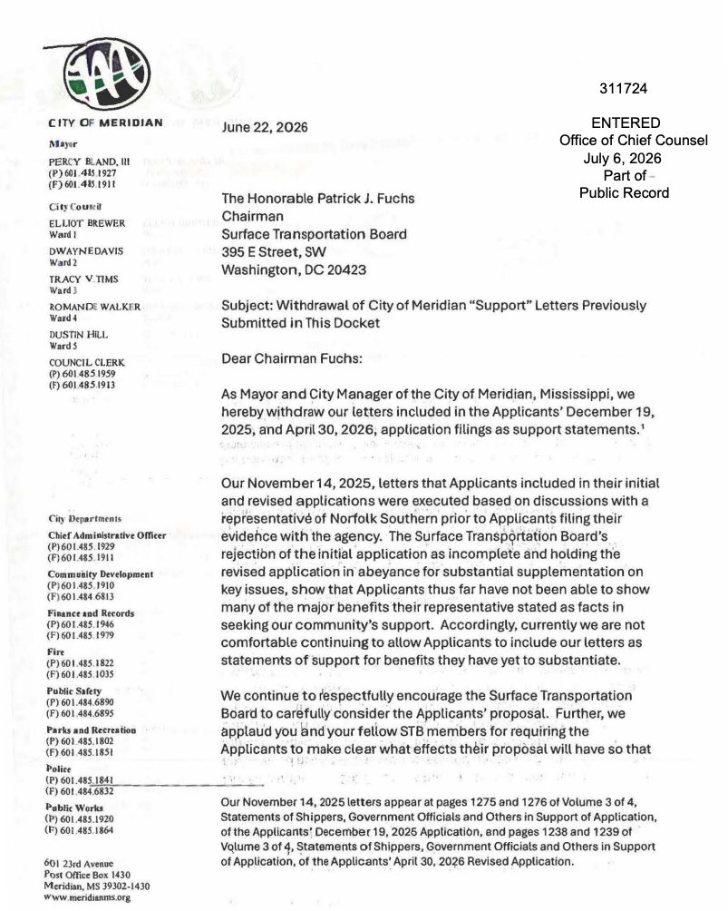 StopRailMerger's tweet photo. The City of Meridian, Mississippi has formally withdrawn its letter of support for the @UnionPacific - @nscorp  merger, telling the @STB_Newsroom the railroads "have not been able to show many of the major benefits" they promised. This comes after Ohio State Senator Thomas Patton, Chair of the Transportation Committee, withdrew his support for the merger, citing concerns over reduced competition and harm to rail-dependent communities. https://t.co/EybbMyCPhJ