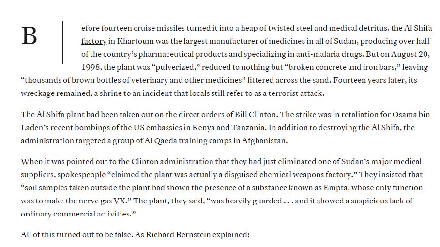Bill_Owen's tweet photo. @samhusseini We all remember what Clinton did to Kosovo. But who remembers the #Sudan and the #alshifa pharma plant he destroyed to distract from the Lewinsky hearings? https://t.co/qhoCnd3fYZ