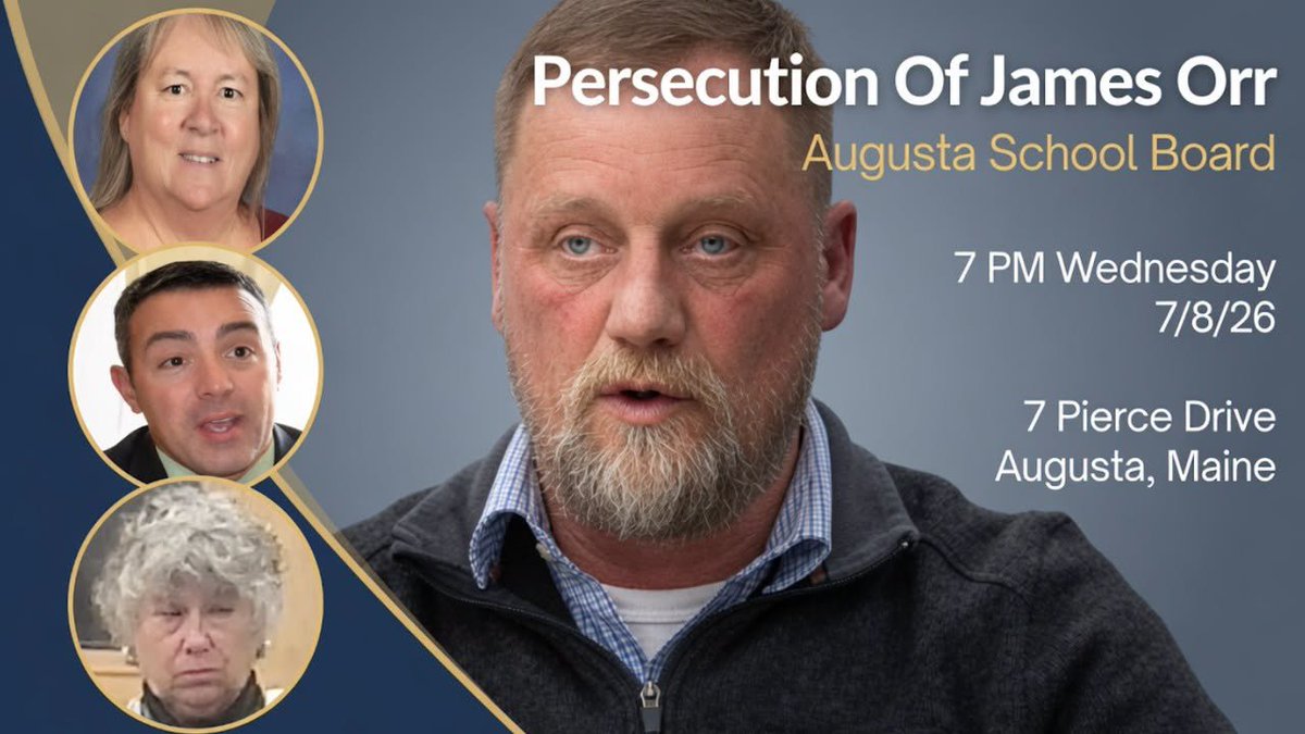 unquirer's tweet photo. Augusta Maine School Board - Tomorrow Wed 7 PM
Persecution of James Orr

-James followed school policy and warned students they should not leave school grounds.  He is being punished.

-Kim, Mike, city councilor Courtney Allen, and many other public officials violated school policy & encouraged the middle schoolers & higher schoolers to walk off the premise to protest on behalf of the budget they wanted.

-Some students never returned to school, others went to McDonalds, police officers were pulled from duty to supervise(though later left), and parents were never given permission slips.

*Kim Liscomb(Principle), Mike Tracey(Superintendent), & Martha Witham(Chair) are the three going after James Orr.

**Despite breaking their own school policy & never enforcing any disciplinary action on students(which they told parents they would) - James Orr is the one who will face consequences for attempting to keep children on school grounds.
