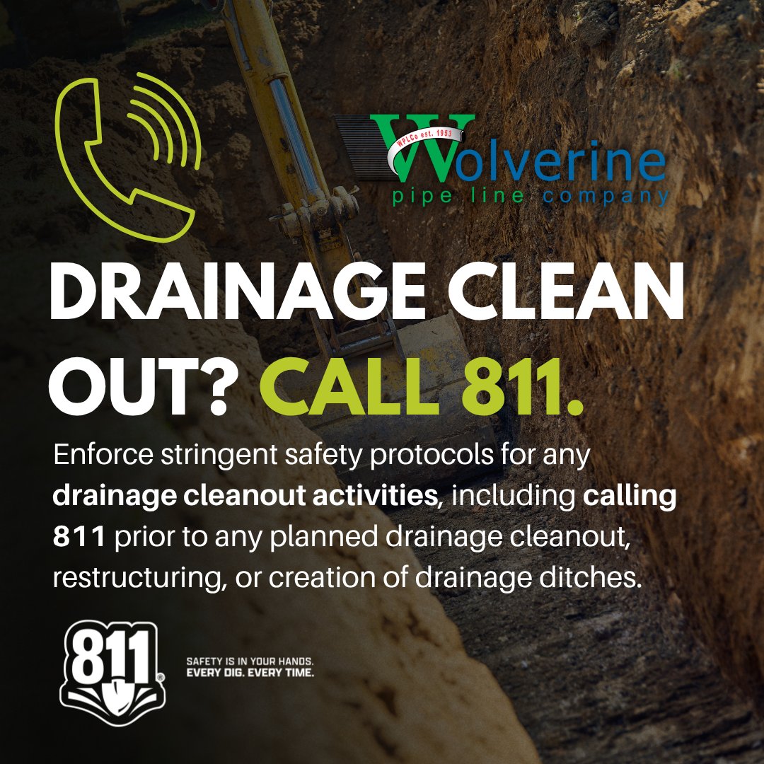 wolverinepipe's tweet photo. Warm weather drainage projects, like ditch work, stormwater improvements and drain tile installation, require digging.

Before you start, call 811 to have underground utilities located and marked.

Learn more: https://t.co/QibIizWqSb

#SafeDigging #Call811 https://t.co/8FTKGMFYDQ