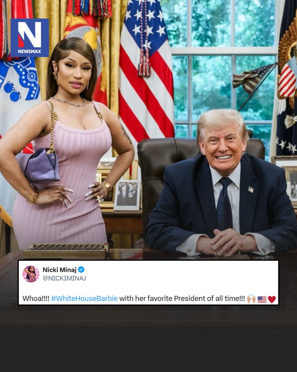 NEWSMAX's tweet photo. WHITE HOUSE BARBIE: Nicki Minaj shared photos from her White House visit, including an Oval Office snap with President Trump after he praised her as a “fantastic person” with “real talent.” https://t.co/g9P5zn8D1u