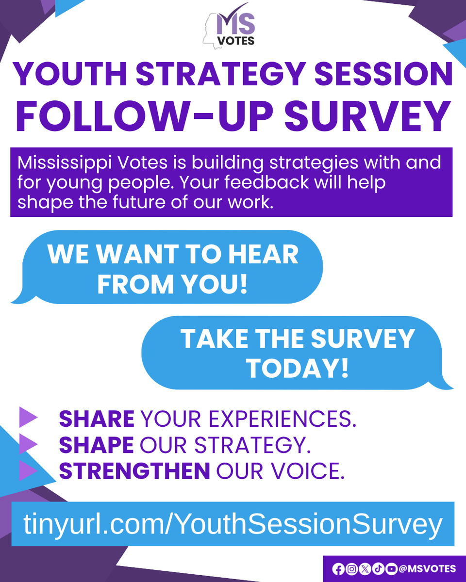 MSVotes's tweet photo. We don't guess what young Mississippians need. We ask. 🗣️

Your feedback from our Youth Strategy Session directly dictates the tools, campaigns, and legislative advocacy we launch next. You have the power to define your future. 

Head to https://t.co/inUdVIVKXP to take the follow-up survey today! 

#MSVotes #Up2Us