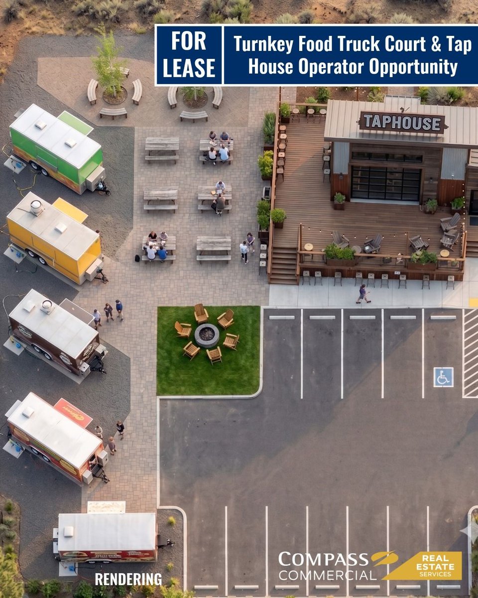 CompassCom's tweet photo. Coming soon to Bend: a turnkey food truck court and taphouse opportunity at 225 SE Taft Ave. Five food truck pads, a planned taphouse, outdoor gathering space, and adjacent commissary kitchen near the Old Mill District. Learn more: https://t.co/WNGTYR7FrZ https://t.co/ACdmaQ96JH