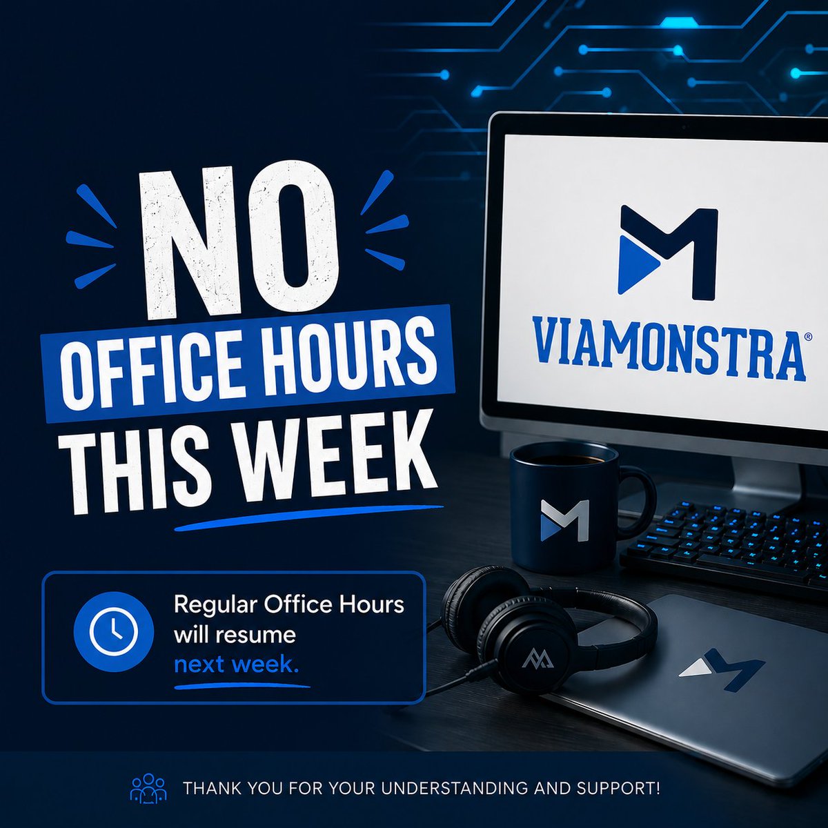 viamonstra's tweet photo. 📢 HEADS UP! There will be NO #ViaMonstraOfficeHours this week — We appreciate your understanding and can't wait to catch up with you again next week! @jarwidmark @AndrewJNet 💙 #ViaMonstraAcademy https://t.co/rTgIz2DXEH