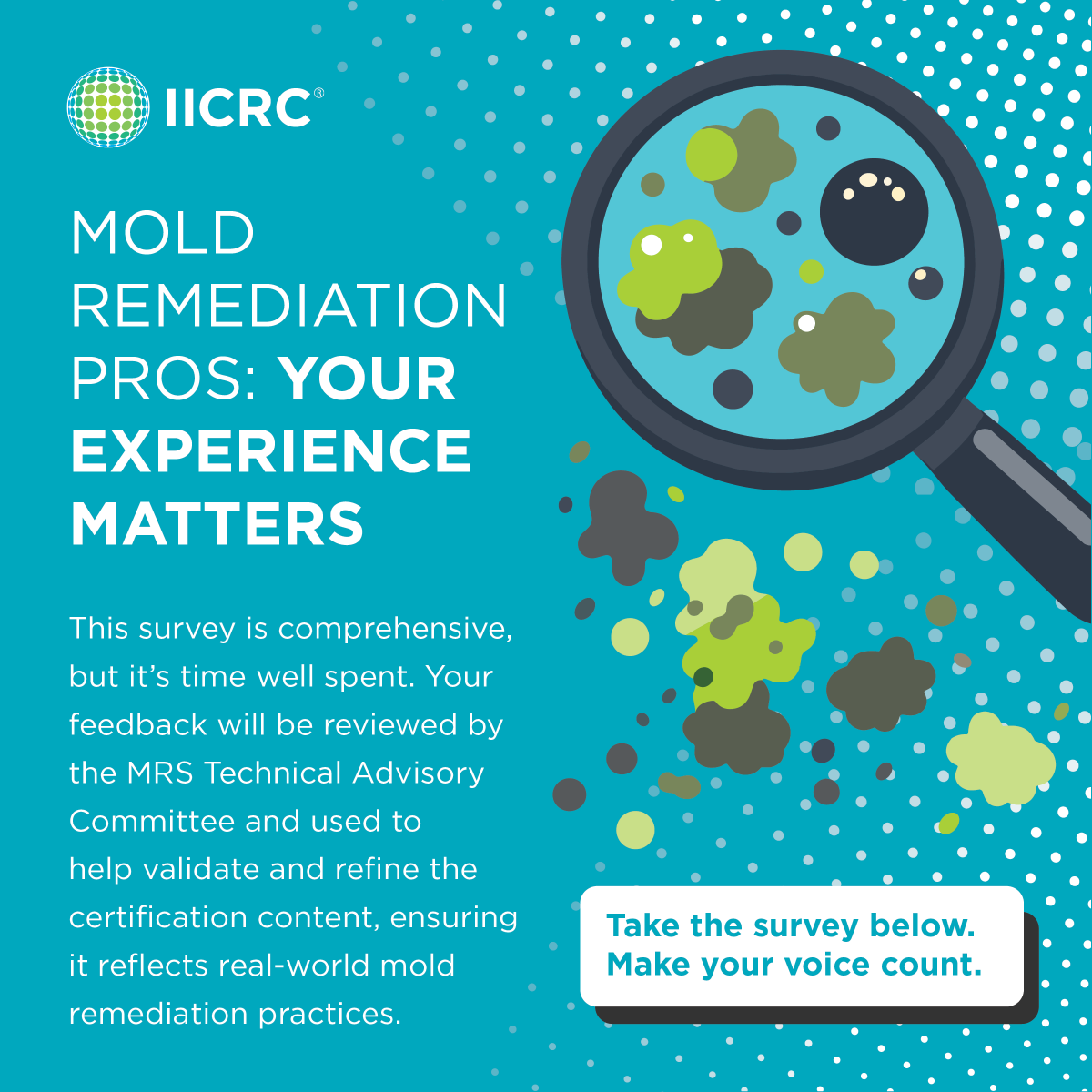 theIICRC's tweet photo. Mold remediation pros: your expertise shapes the future! 🦠 Share your insights to help us improve industry standards. Take the MRS Validation Survey now and make your voice count: https://t.co/9TKtnlRVF8 #MoldRemediation #IICRC #YourVoiceMatters #MRS #Remediation #Professionals https://t.co/R51wuKibcL