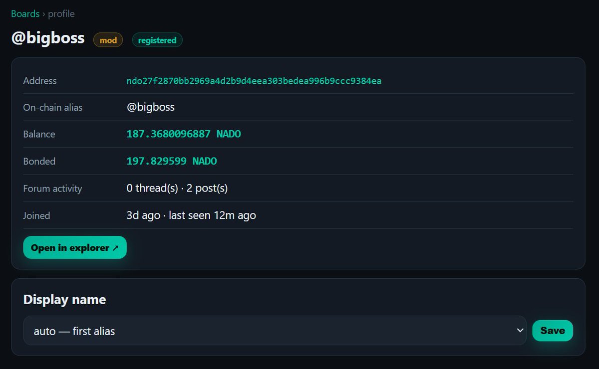 nadochain's tweet photo. Our forum now supports chain-registered aliases directly. Also it is now linked to the explorer in other regards as well. Long live $NADO #NADO https://t.co/5KHAvExWhB