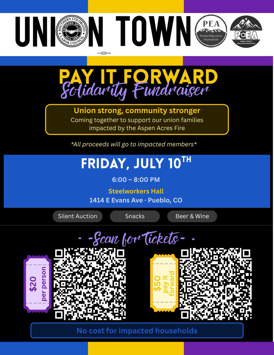 DenverGuild's tweet photo. The Southern Colorado Labor Council is hosting a fundraiser this Friday, July 10th, to support union members who have been affected by the Aspen Acres Fire. Find more information, buy tickets, or donate below: https://t.co/aC4QloXWbQ