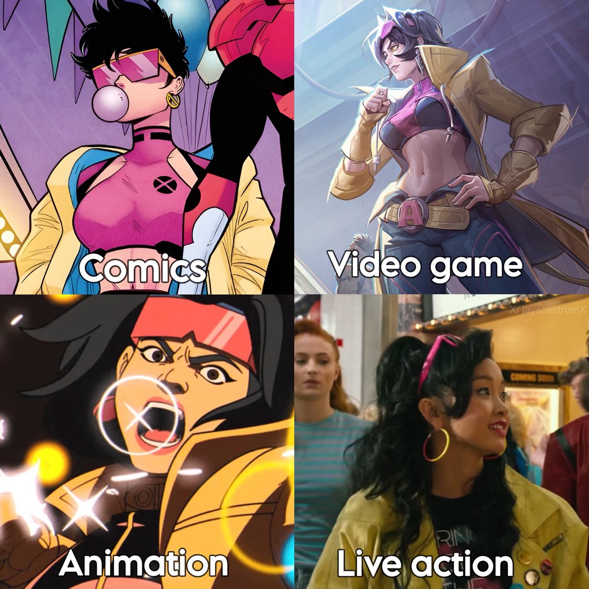 jayspectrumX's tweet photo. Jubilee in different styles across the Multiverse https://t.co/RnfMBebJxN