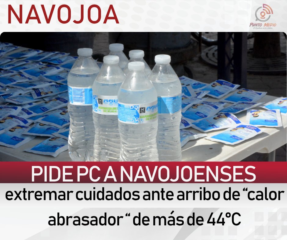 PuntoMedioNews's tweet photo. 🚨 #AlertaClima | Llama Protección Civil de #Navojoa a protegerse de temperaturas superiores a 44°C. Exhortan a evitar exposición solar de 11 AM a 4 PM.
Por instrucción del alcalde Jorge Elías Retes, se activan módulos de hidratación gratuita con agua y suero en el centro. ☀️💧 https://t.co/PHKIT6uDbN