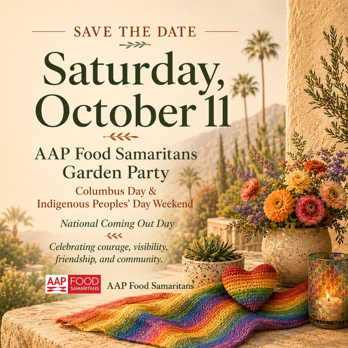 dpna's tweet photo. Please save the date for Saturday, October 11, when we will gather for a special AAP Food Samaritans Garden Party to celebrate courage, visibility, friendship, community and the mission of AAP Food Samaritans.

https://t.co/AM7P27Qtmx https://t.co/coOkDAhb3U
